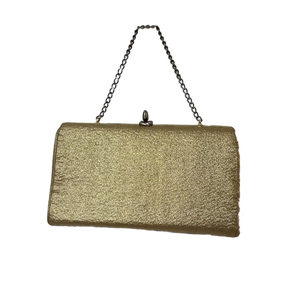 Vintage 50s 60s Handbag Women Small Gold Evening Satchel Clutch Purse Bag Chain - Picture 1 of 12